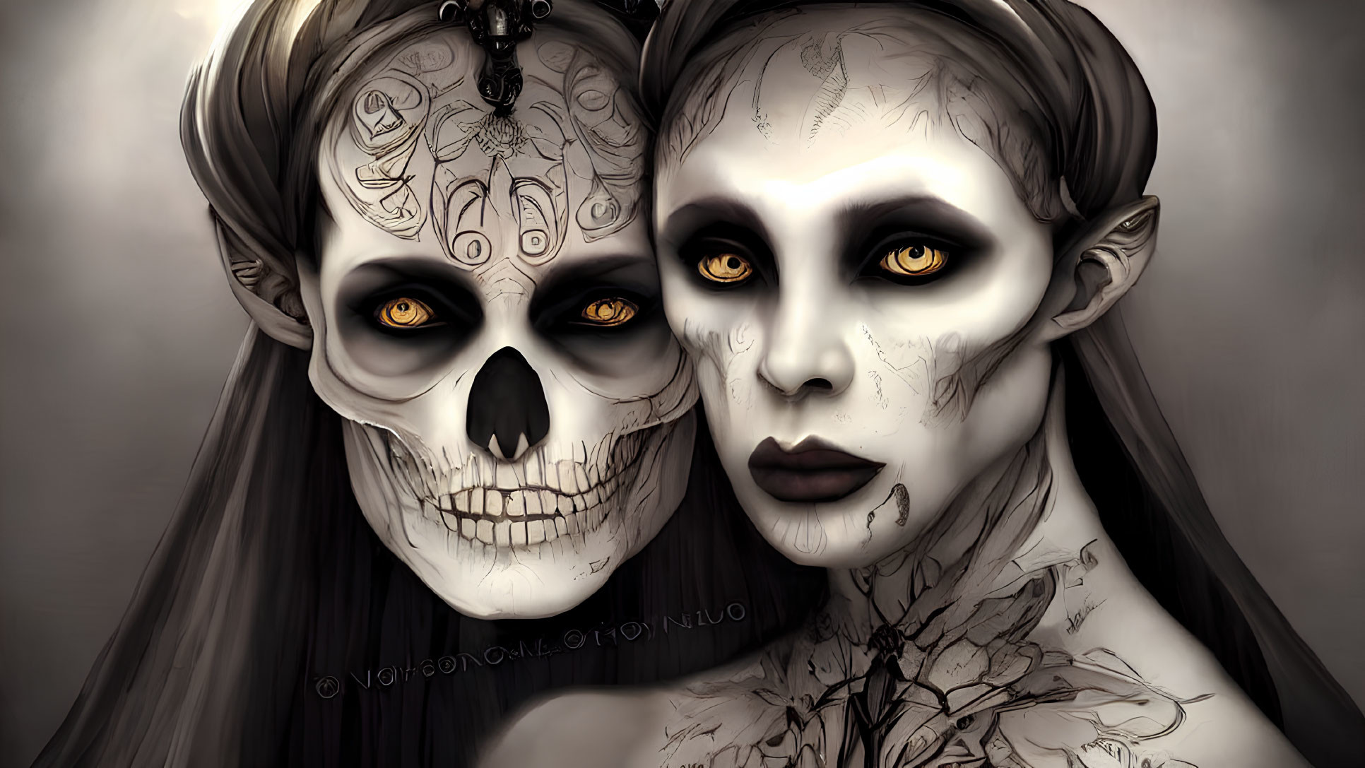 Contrasting skull and pale face with intricate markings on grey background