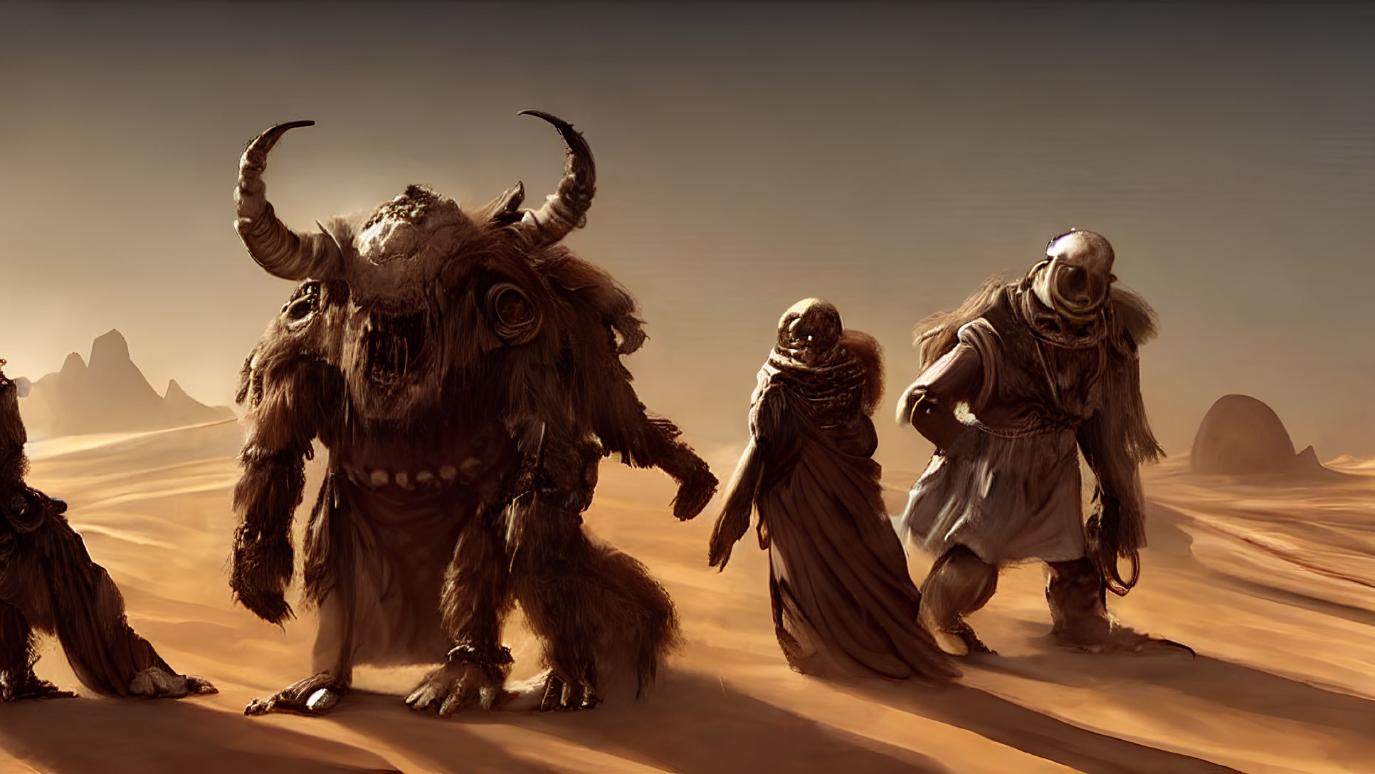 Group of Travelers with Large Horned Creature Crossing Desert Landscape