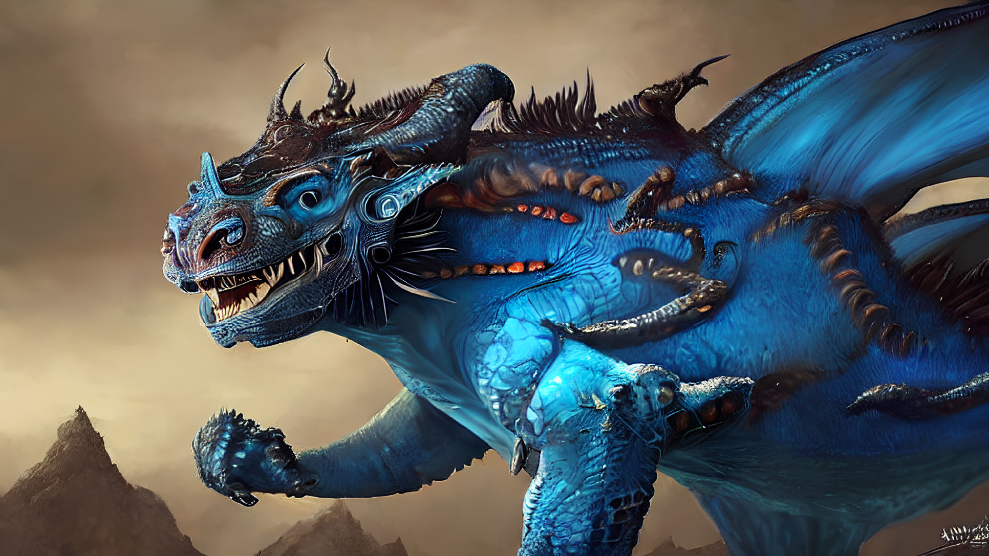 Detailed digital art: Majestic blue dragon with glowing orange eyes in stormy mountain landscape