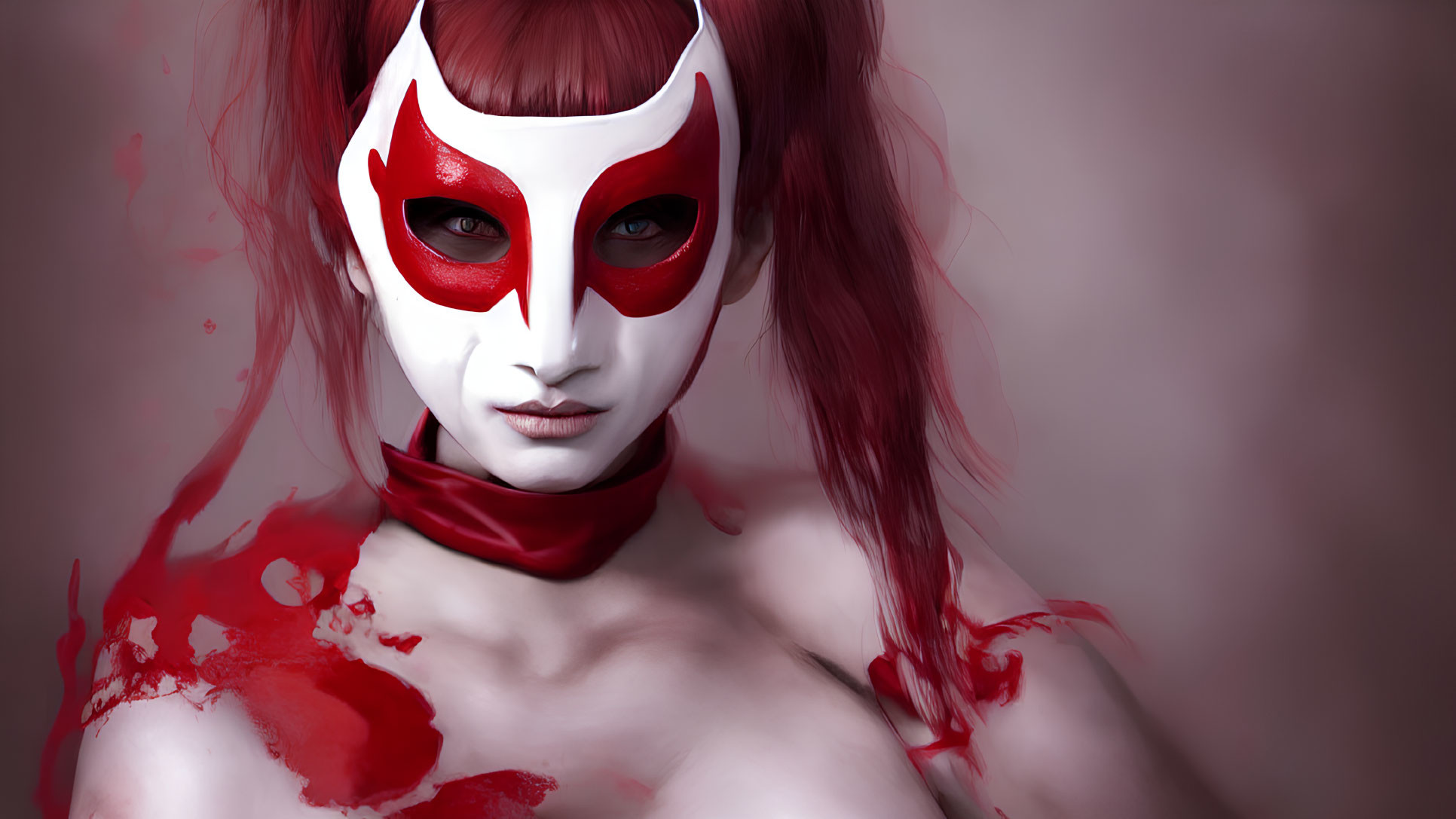 Person wearing red and white mask and makeup on muted background