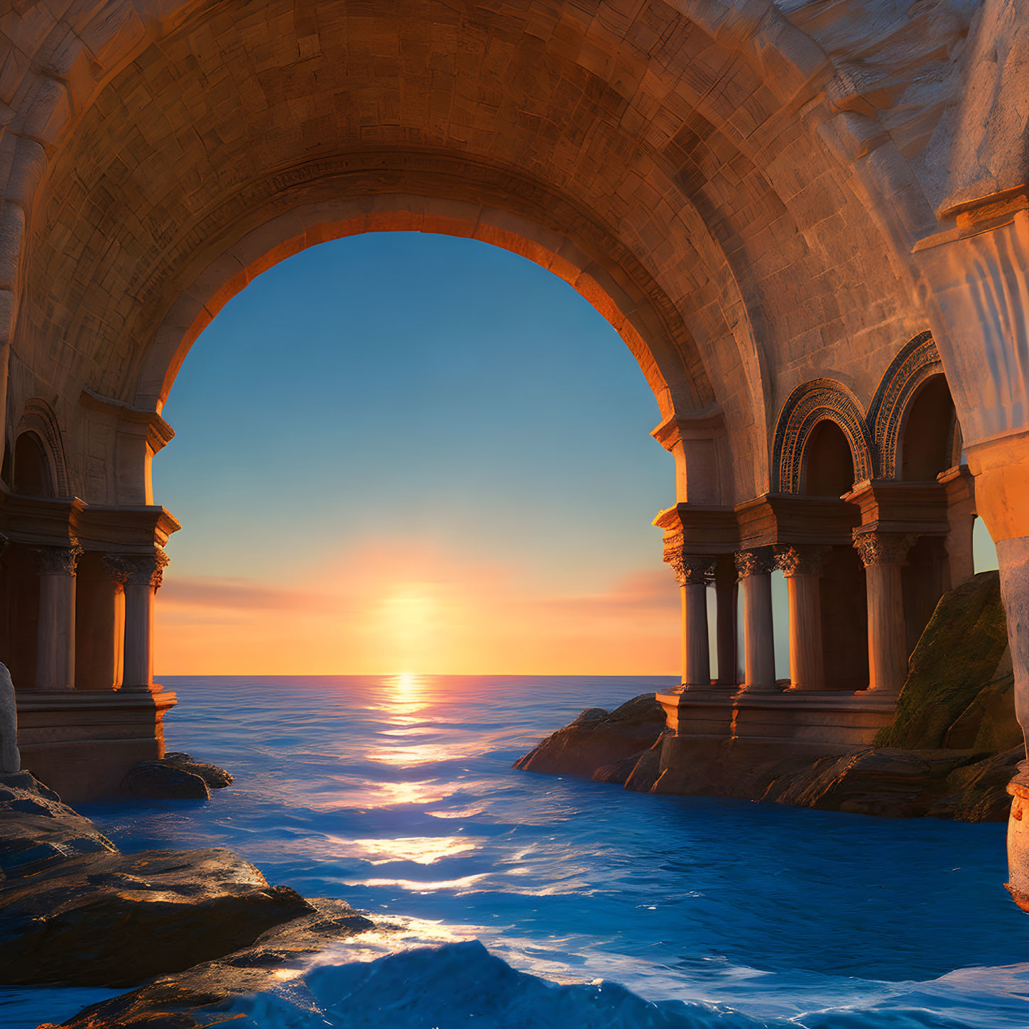 Scenic sunset through stone archway over ocean with vibrant colors.