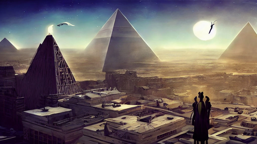 Futuristic Egyptian cityscape with pyramids, figures, craft, and moon