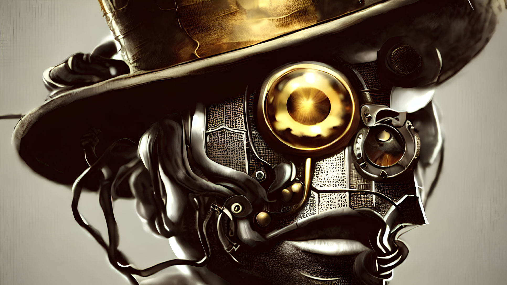 Steampunk-inspired figure with top hat and tentacle-like appendages on sepia backdrop