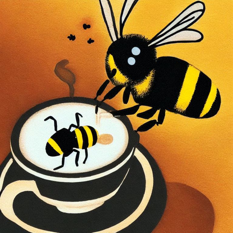 Stylized image of large bee and small bee on cappuccino with flower foam