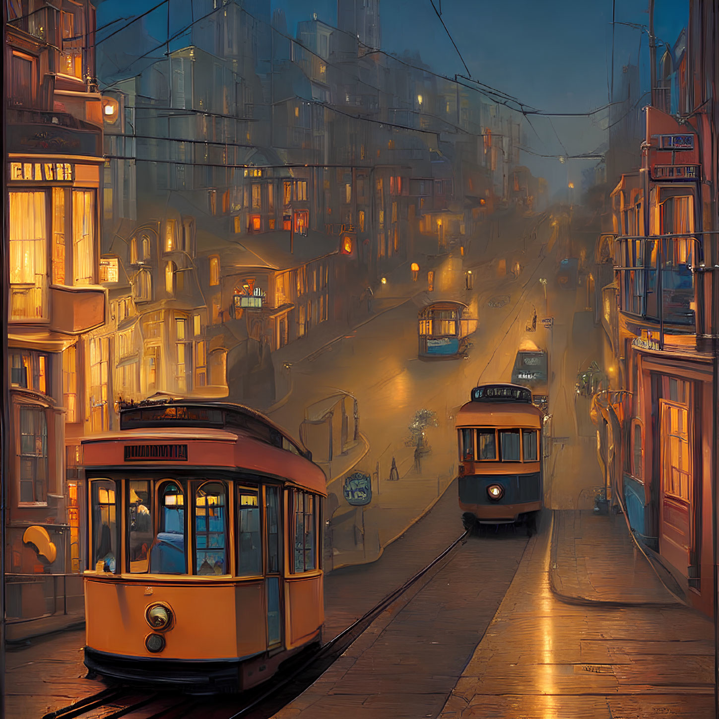 Vintage trams and cobblestone street in misty evening ambiance