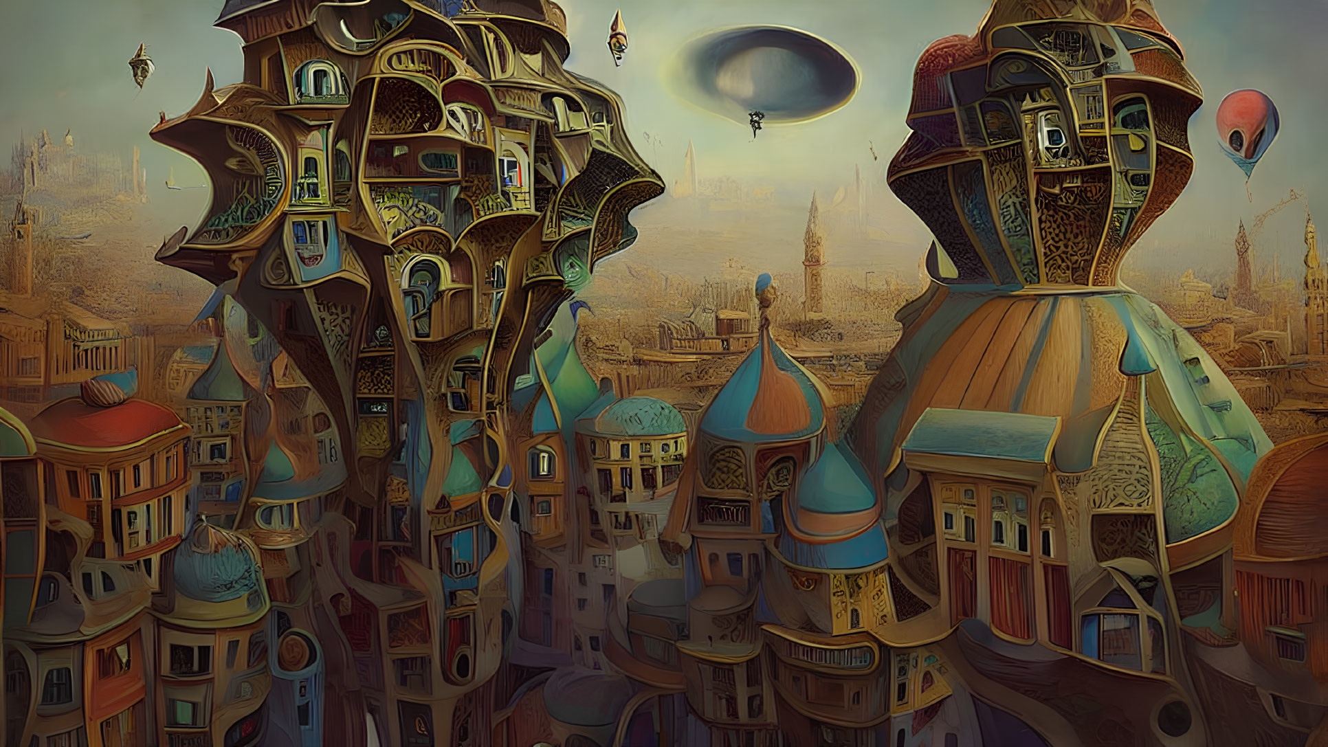 Exaggerated Curving Cityscape with Airships and Balloons