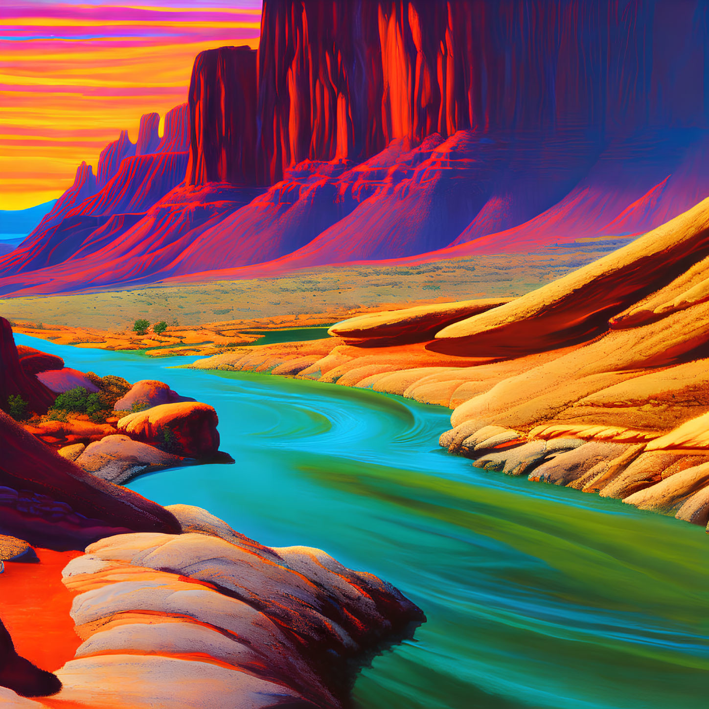 Digitally altered vibrant landscape with river in desert valley