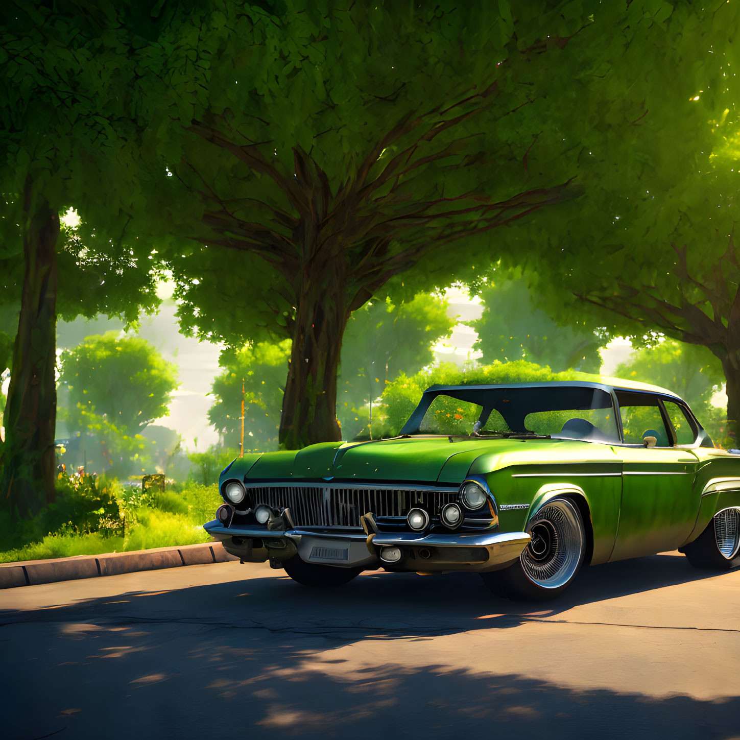 Vintage green car parked under lush trees on tranquil road