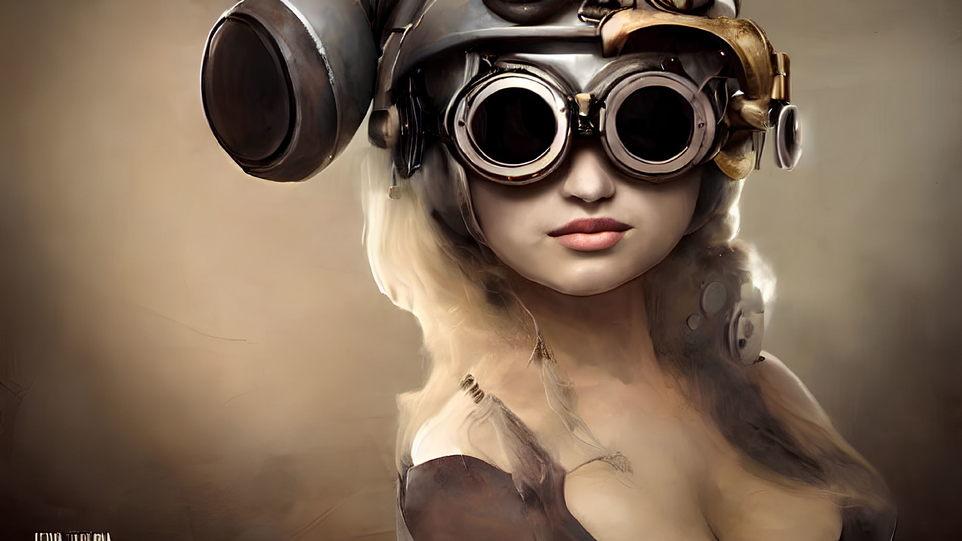 Blonde person in steampunk goggles on sepia background