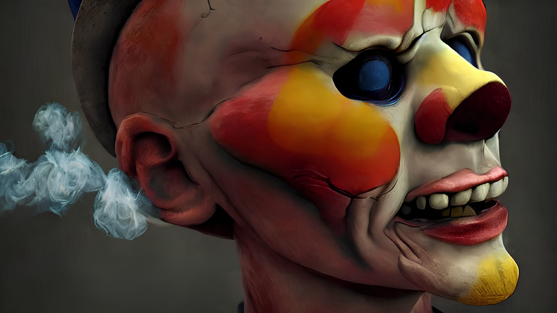 Hyper-realistic digital art of a clown with vibrant face paint, intense blue eyes, and smoking mouth