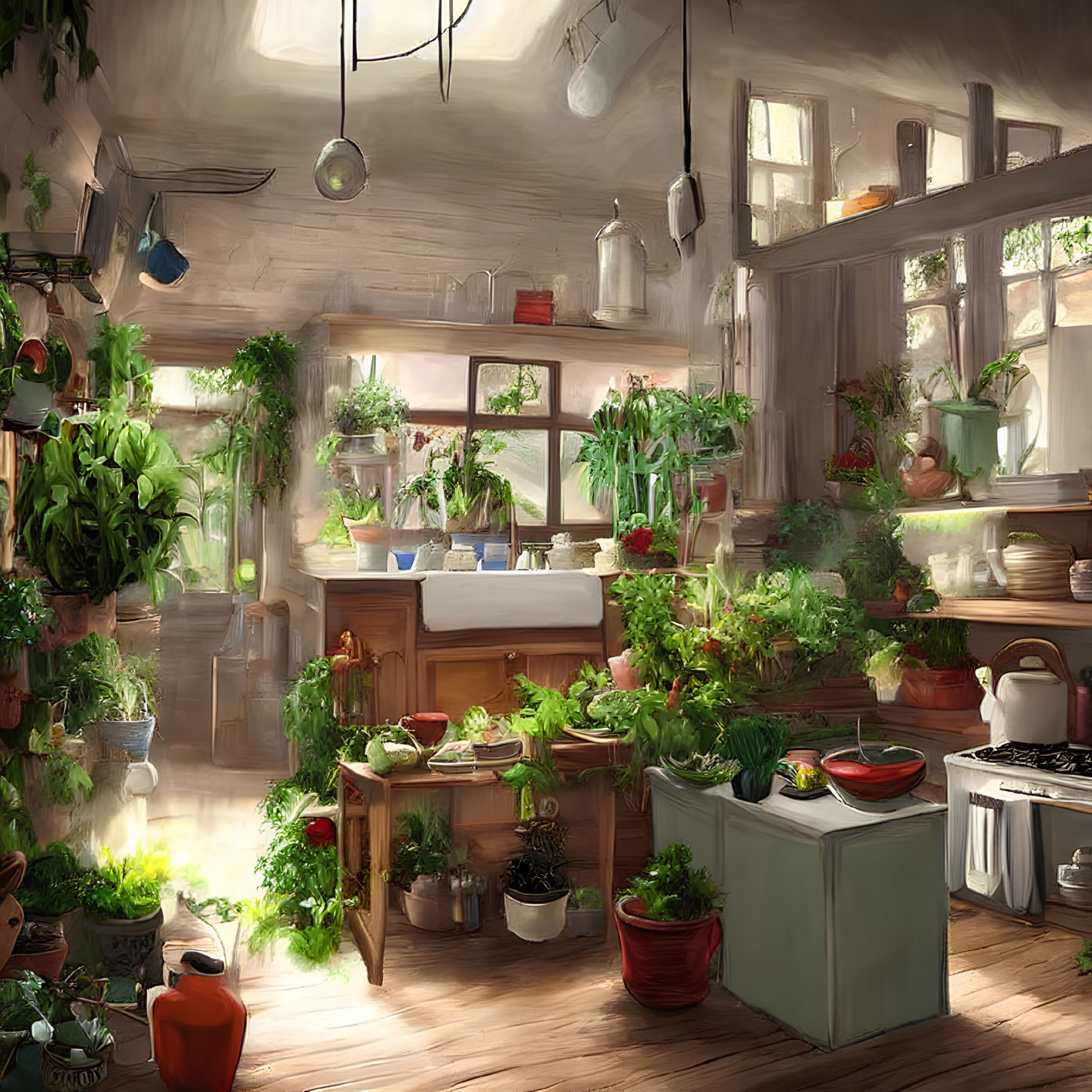 Sunlit rustic kitchen with lush green plants and vintage stove