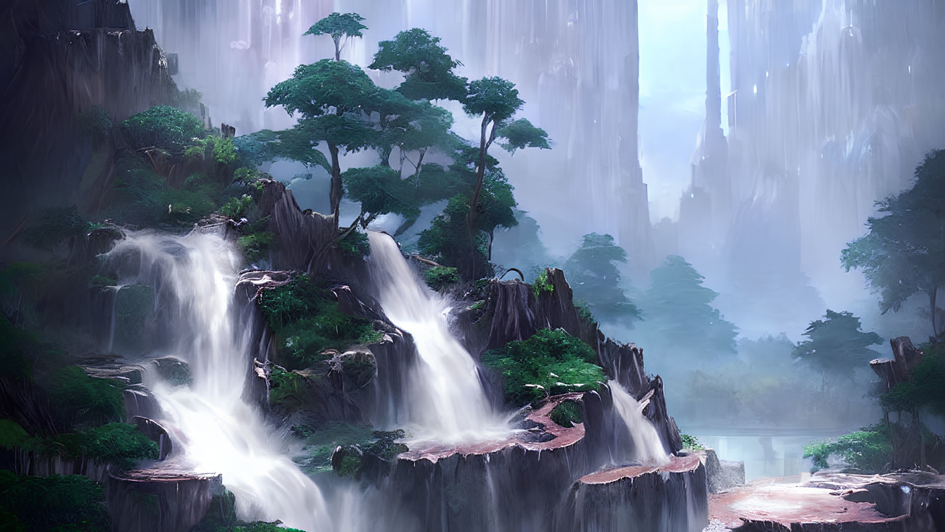 Enchanting forest scene with waterfalls, cliffs, and greenery