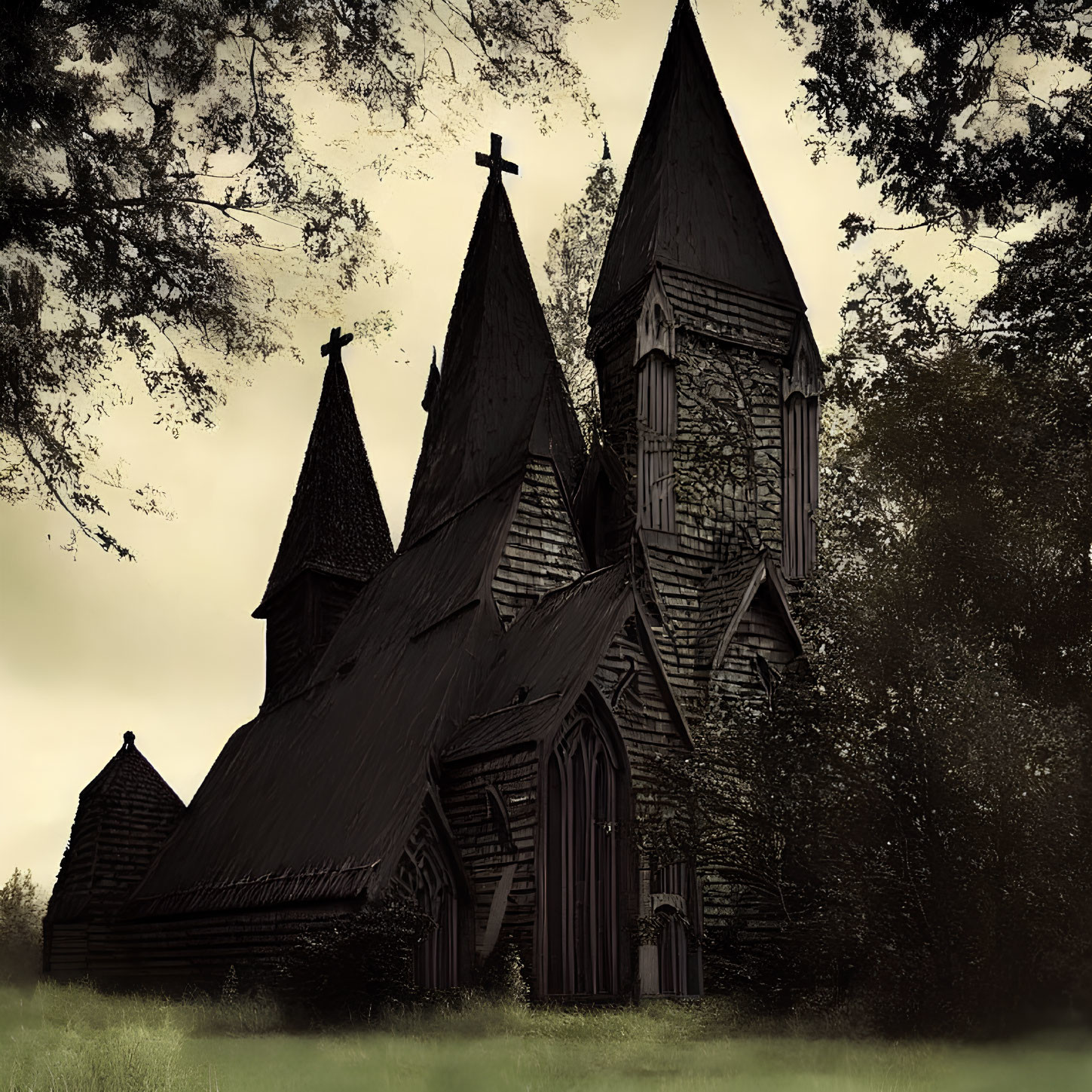 Gothic church with pointed arches and spires in dark, overcast setting