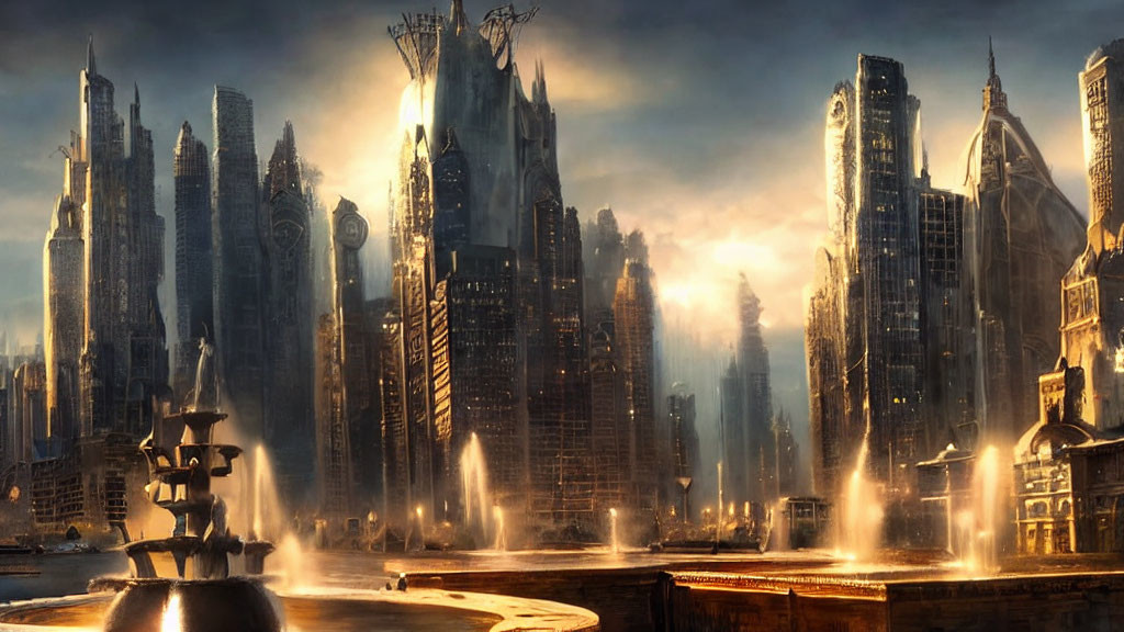 Futuristic cityscape with skyscrapers, sunset, and water fountains