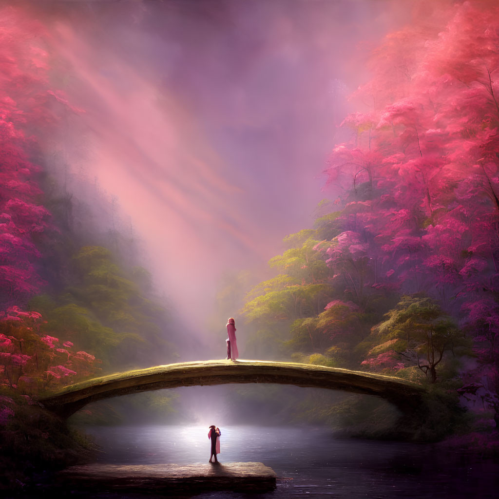 Tranquil forest setting with two figures on arched bridge