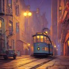 Vintage Blue Tram in Misty City Street at Twilight