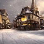 Snow-covered cobblestone street with old buildings and glowing lights at dusk