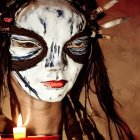 Skull-faced person with horns holding candles on smoky background