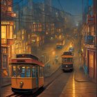 Vintage trams and cobblestone street in misty evening ambiance