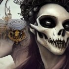 Dual-faced figure with skull and woman in dark crown artwork.