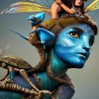 Fantastical image of small blue creature riding turtle with larger glowing humanoid.