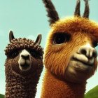 Fluffy llamas posing against clear sky