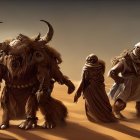 Group of Travelers with Large Horned Creature Crossing Desert Landscape