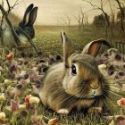 Brown Rabbit Surrounded by Purple Flowers in Dreamy Field