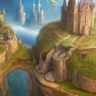 Fantasy Landscape with Flying Islands and Castles under Golden Sky