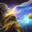 Illustrated elder surrounded by cosmic elements and planet in background.