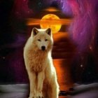 White Wolf in Snowy Landscape with Galaxy Background and Full Moon