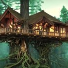 Cozy treehouse with warm lights in misty forest