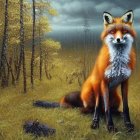 Red fox and raven in mystical forest with golden foliage