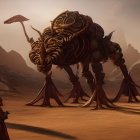 Mechanical beetle-like creature in desert with robed figures