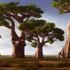 Serene landscape with large baobab trees and lush canopies