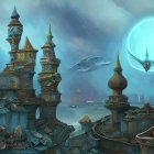 Fantasy cityscape with ornate spires, glowing orbs, and flying whales