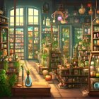 Warm, inviting apothecary interior with plants, bottles, books, and magical artifacts