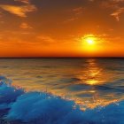 Tranquil sunset over sea with glowing sun path and icy shoreline