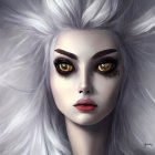 Portrait of a person with large yellow eyes, purple eyeshadow, red lips, and white fluffy