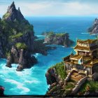 Fantastical seaside landscape with East Asian-style pagoda