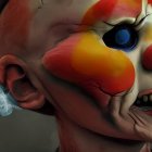 Hyper-realistic digital art of a clown with vibrant face paint, intense blue eyes, and smoking mouth