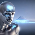 Blue humanoid figure with reflective skin in serene landscape
