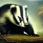 Detailed fur texture close-up of a badger on wooden surface