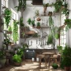 Rustic kitchen with green plants, wooden furniture, vintage utensils
