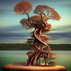 Whimsical multi-level treehouse by serene lake at dusk