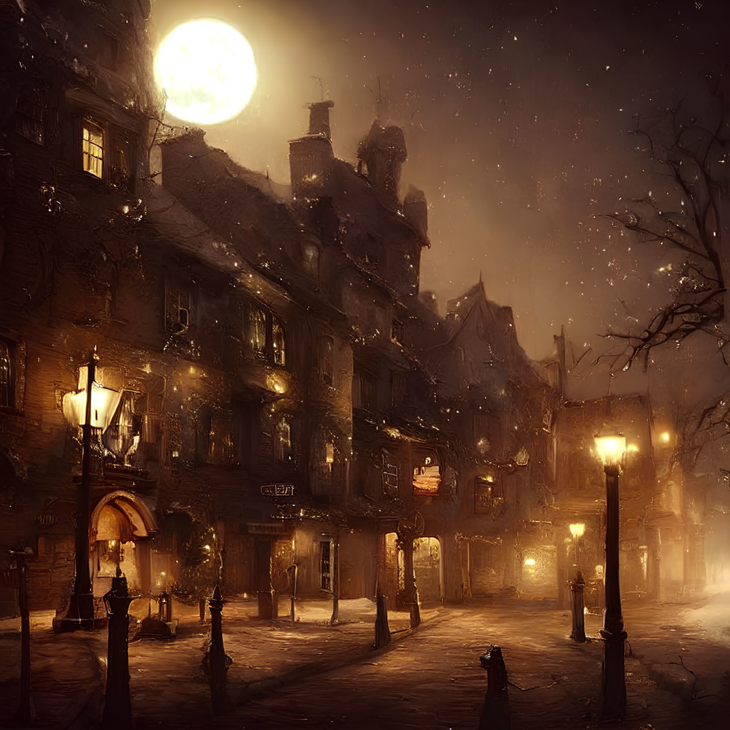 Vintage Street Scene: Misty Night with Full Moon and Snowfall