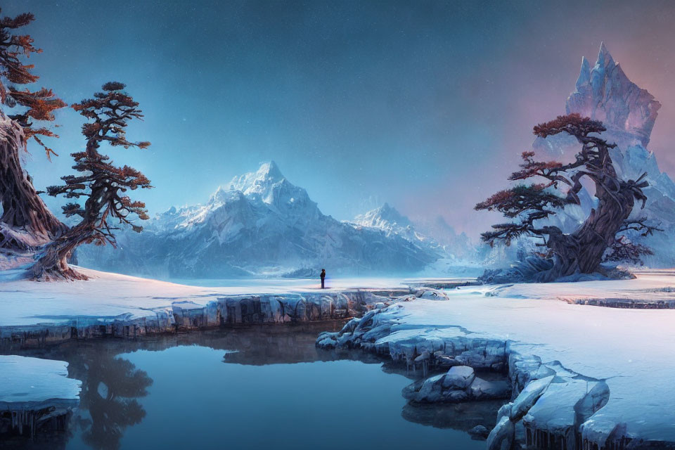 Solitary Figure on Frozen Lakeshore with Snow-Covered Trees