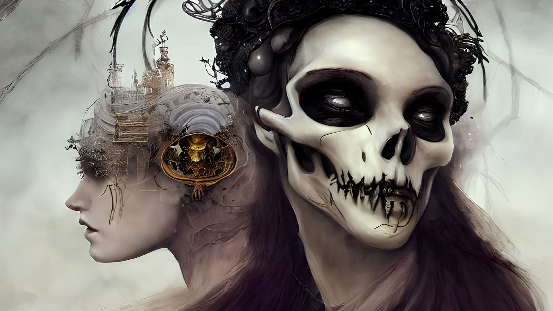 Dual-faced figure with skull and woman in dark crown artwork.