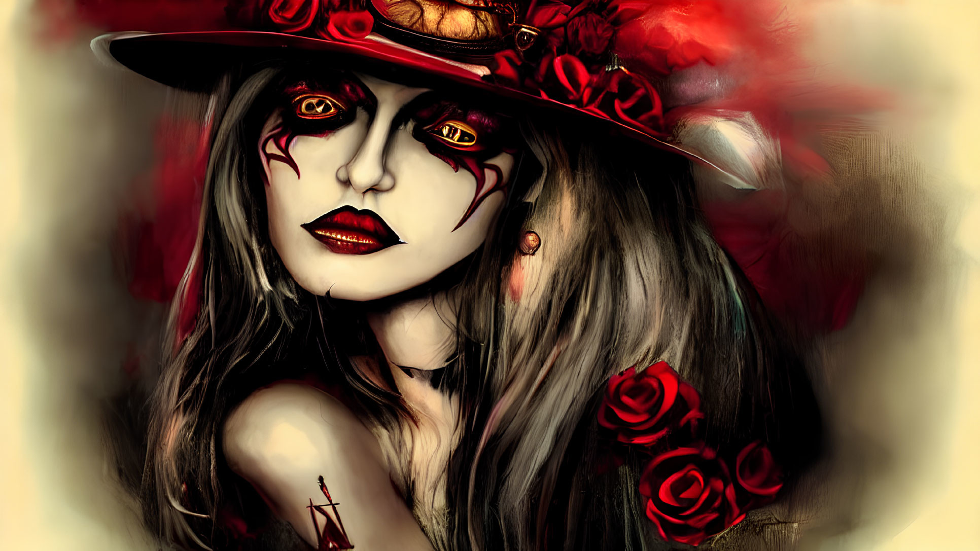 Portrait of a Woman with Dramatic Red and Black Makeup and Rose-Adorned Hat