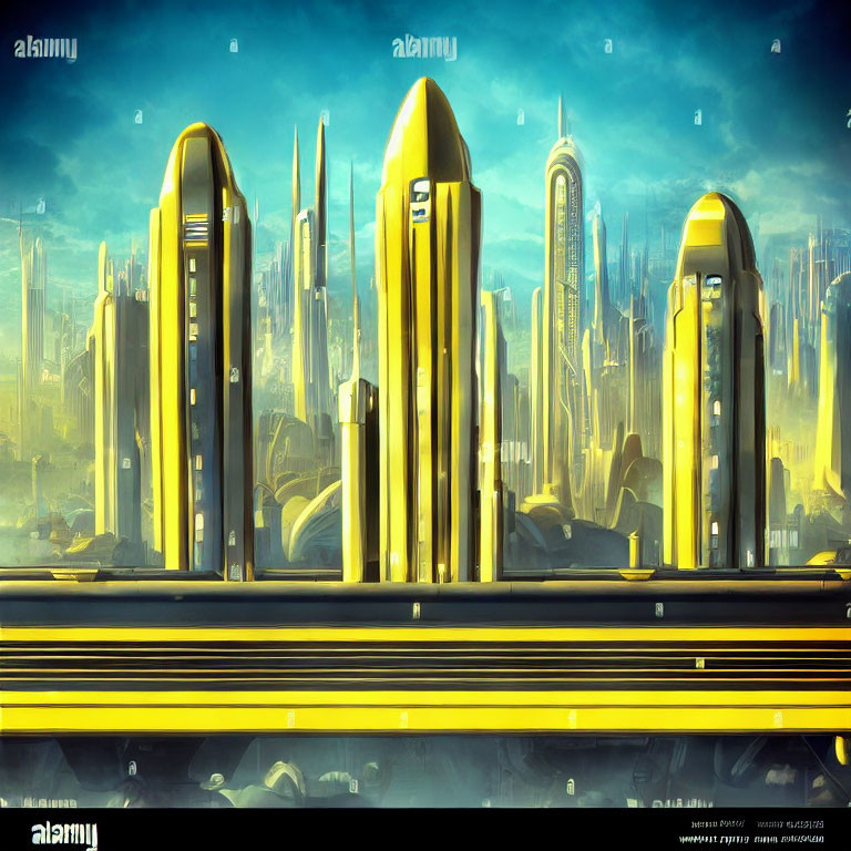 Golden skyscrapers in futuristic cityscape under blue sky